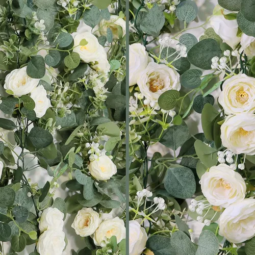 Miniatura 65 de TOCHGREEN Paquete de 2 Guirnaldas de Flores de Eucalipto Artificial de 12 Pies con Rosas Champán, Guirnalda de Flores de Rosa Falsa Verdor