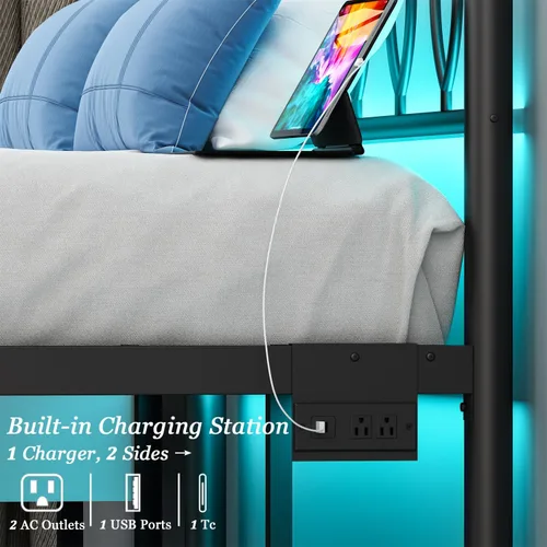 Miniatura 4 de Marco de Cama Tamaño Full con Cabecero, Marco de Cama Plataforma de Metal Negro Tamaño Full con Estación de Carga y Luces LED, Almacenamiento Bajo