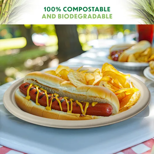 Miniatura 5 de Platos compostables, platos de papel desechables de alta resistencia - [125 unidades] de 9 pulgadas, biodegradables sin blanquear, hechos de bagazo