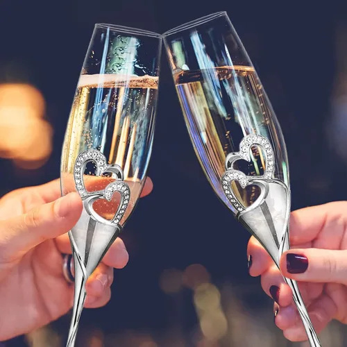 Miniatura 2 de Sziqiqi Juego de 2 copas de champán para boda, copas de flauta de tostado, con diamantes de imitación, decoración de corazones para bodas, Plata