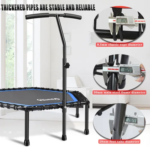 Miniatura 4 de Newan Trampolín de fitness de 48 pulgadas con barra de mango ajustable, trampolín silencioso, bungee rebote, entrenamiento cardiovascular, Azul