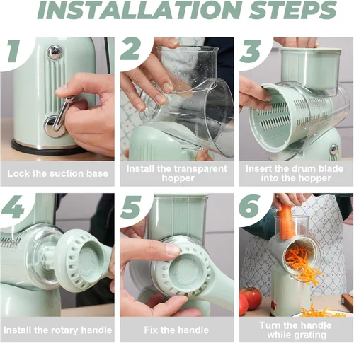 Miniatura 3 de Rallador de queso giratorio con manivela manual de 5 en 1 con cuchillas intercambiables y base de succión fuerte para verduras, triturador manual