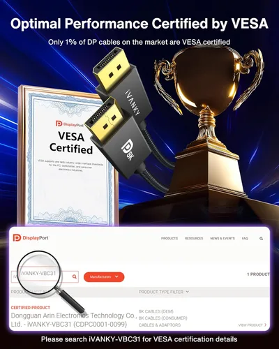 Miniatura 2 de IVANKY Cable DisplayPort 8K 1.4, cable DP certificado VESA de 6.6 pies (8K @60Hz, 4K @240Hz, 2K @240Hz) HBR3 compatible con 32.4 Gbps, HDR, HDCP
