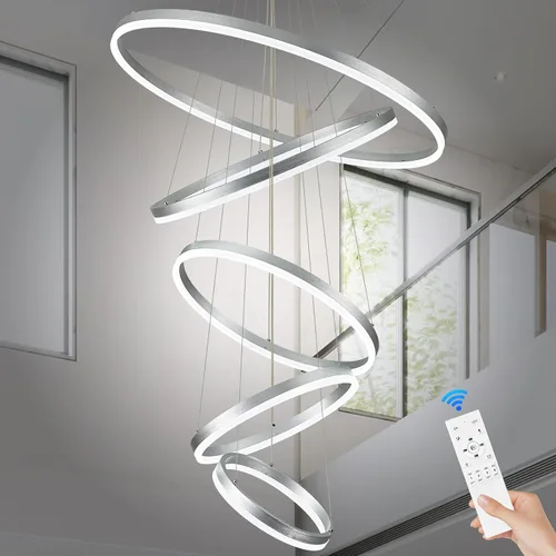 Miniatura 11 de Benkut 5 Anillos D31.5 Lámpara de Araña LED Moderna Negra Grande Regulable Circular para Techo Alto con Control Remoto para Vestíbulo, Comedor, Sala