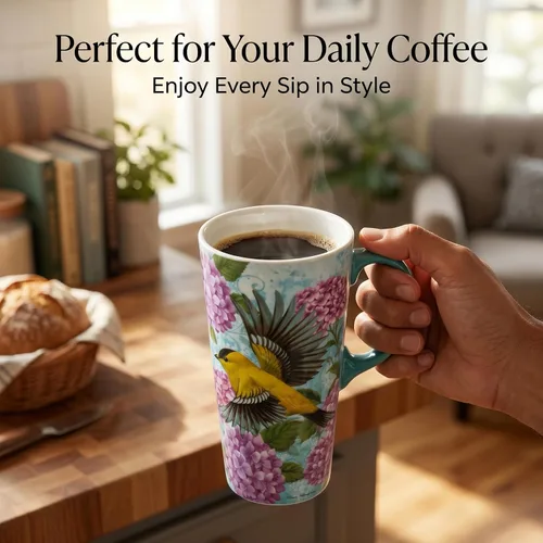 Miniatura 2 de Taza de viaje de cerámica de hortensia de jilguero de 17 onzas con tapa, taza de café floral de pájaro verde azulado con caja de regalo, taza de té