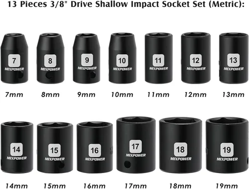 Miniatura 3 de MIXPOWER Juego de llaves de impacto poco profundas, 13 piezas de 3/8 pulgadas, 0.276 in a 0.748 in, CR-V, métrico, 6 puntos, poco profundo, 13