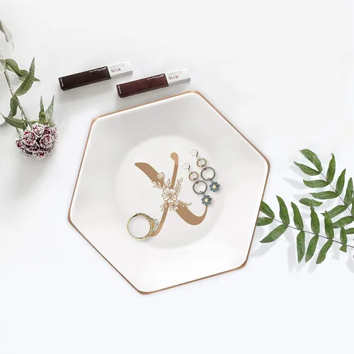Miniatura 8 de CARAKNOTS Bandeja de joyería, regalos de Navidad, plato con anillo en X con monograma floral dorado, regalos personalizados para mujeres, plato