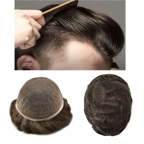Miniatura 41 de Extensiones de cabello suizo completo para hombre, sistema de reemplazo de cabello humano europeo para hombres