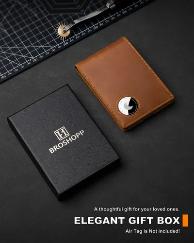 Miniatura 52 de Billetera AirTag para hombre, de piel auténtica plegable con bloqueo Rfid AirTag con ranuras para efectivo y ventana de identificación, compatible