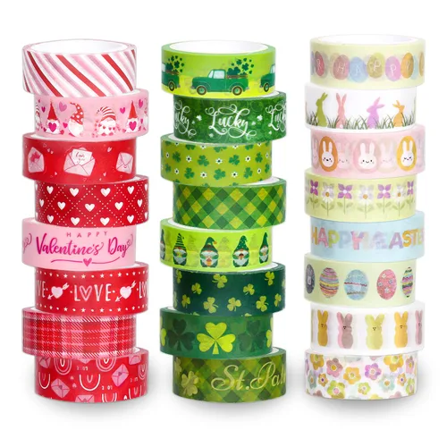 Whaline Juego de 24 Rollos de Cinta Washi para Fiestas, Día de San Valentín, Cinta de Enmascarar de Corazones Rojos de Amor, Día de San Patricio,