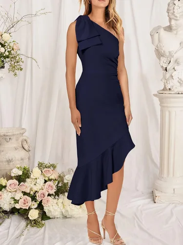 Miniatura 3 de ANRABESS Vestido formal midi de un hombro para mujer, sin mangas, ajustado, con volantes, vestido de sirena para invitada de boda