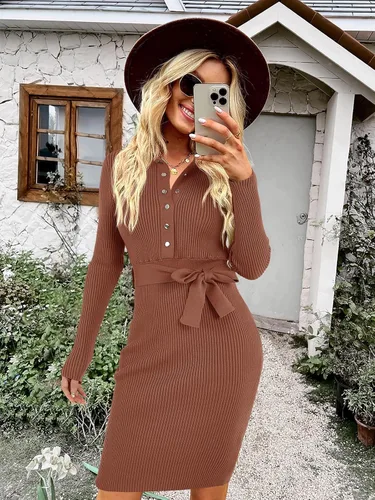 Miniatura 3 de Lynwitkui Vestido de suéter acanalado de manga larga con cuello en V para mujer, con botones y lazo en la cintura