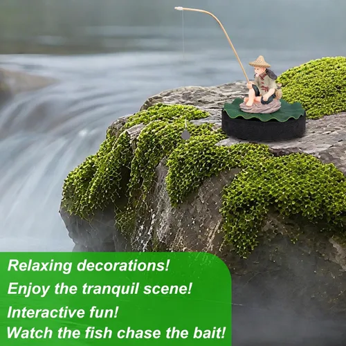 Miniatura 3 de Decoración flotante para pecera, figura de acuario de pescador con base de hoja de loto y caña de pescar divertido alimentador de peces estatua