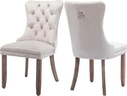Miniatura 24 de Juego de 4 sillas de comedor de terciopelo, sillas de comedor tapizadas con ribete de cabeza de clavo, patas de madera, anillo de tracción, sillas