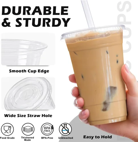 Miniatura 3 de Paquete de 100 vasos de plástico de 20 onzas con tapas y pajitas, tazas de café desechables para café helado, bebidas frías, batidos y batidos