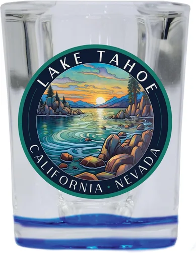 Lake Tahoe California Design C Souvenir - Vaso de chupito cuadrado de 2.5 onzas, base azul, paquete de 2 unidades