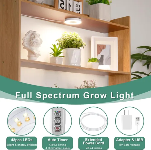 Miniatura 4 de LORDEM Luz de cultivo para plantas de interior, 48 luces LED de techo de espectro completo, lámpara de cultivo con cable de 5 V con interruptor