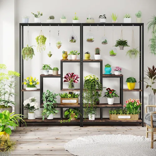 Miniatura 3 de Tribesigns Soporte alto para plantas de interior de 5 niveles, estante grande de metal para plantas de 70.9 pulgadas con 6 ganchos colgantes en S