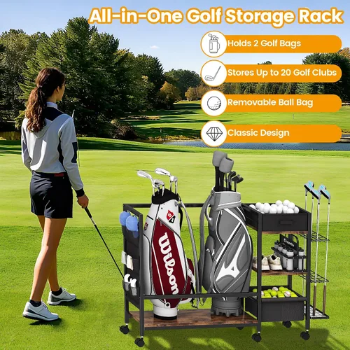 Miniatura 2 de Organizador de almacenamiento de bolsa de golf para garaje, organizador de golf con estante de golf adicional y bolsa lateral de tela para 20 palos