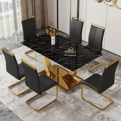 Miniatura 62 de Mesa de comedor moderna para mesa de comedor de mármol sintético de 4/6, 63 pulgadas, mesa de cocina rectangular, mesa de cocina y comedor de fácil