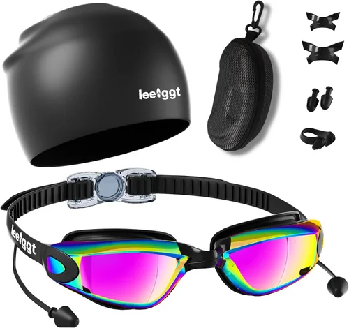 Miniatura 7 de Juego de gafas de natación sin fugas, antivaho y anti-UV, clip de nariz, gorro de natación y estuche para hombres, mujeres y adultos Dorado