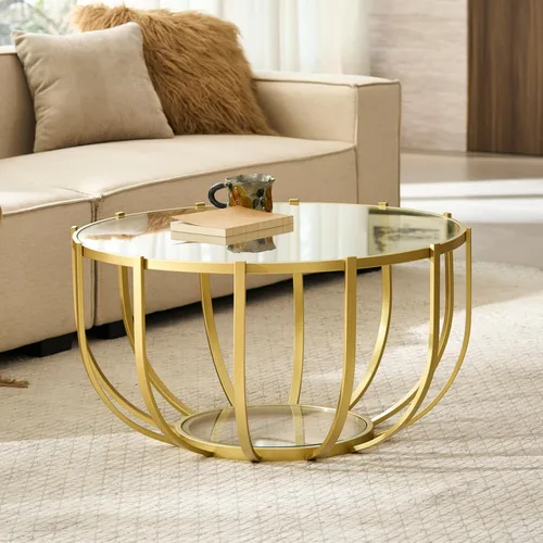 Miniatura 2 de Saint Mossi - Mesa auxiliar de tambor dorado para sala de estar, moderna mesa central redonda de vidrio de 2 niveles, parte superior de vidrio