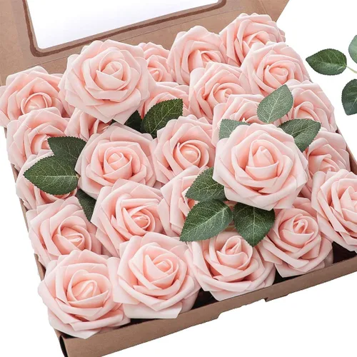Floroom - Flores artificiales de aspecto real de 25 unidades, rosas de espuma color rubor con tallos para ramos de boda, centros de mesa, despedida