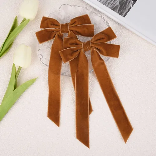 Miniatura 3 de 2 piezas de broches de cinta de terciopelo con lazos de pelo marrones, broches grandes de cocodrilo de otoño, accesorios para el cabello