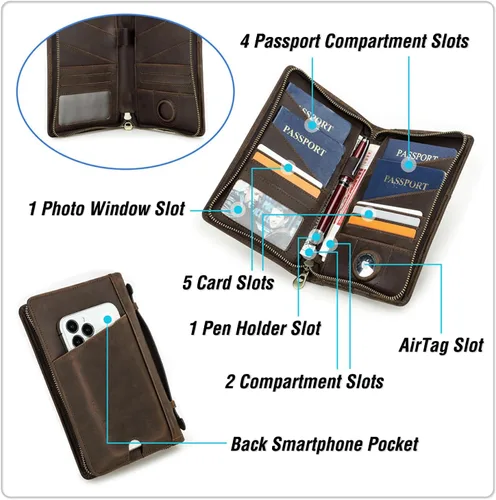 Miniatura 5 de Funda de cuero de grano superior para pasaporte de viaje para hombre y mujer, hecha a mano para 4 pasaportes y múltiples tarjetas, bloqueo RFID