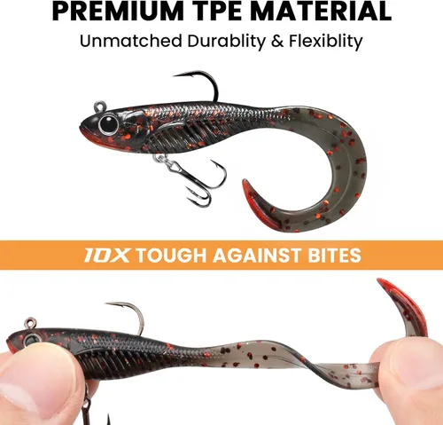 Miniatura 3 de TRUSCEND Duramax TPE Soft Fishing Lures with BKK Hooks, Easy Catch Curly & T-Tail for Trembly Sinking & Vibrating Swim, UV or Glow Effect for All