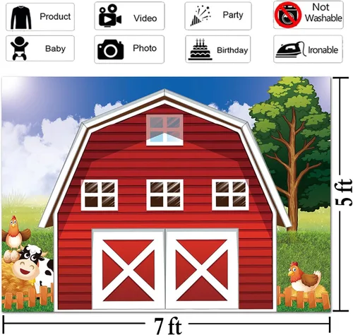Miniatura 5 de Telón de fondo de fotografía de granja de dibujos animados de 7 x 5 pies, animales rústicos, granero rojo, fondo de fotos para niños, decoración