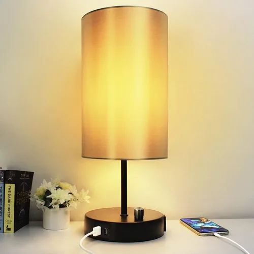 Miniatura 9 de HiBay Lámpara de mesita de noche regulable de 17.75 pulgadas con estación de carga, 2 puertos USB y salida de CA, luz rústica de grano de madera