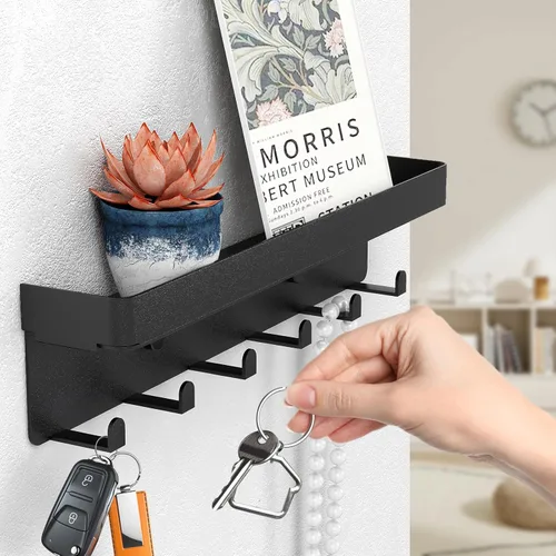 Miniatura 3 de Soporte para llaves de pared, organizador rústico de llaves y correo, 6 ganchos para llaves con estante, pequeño estante para llaves con bandeja