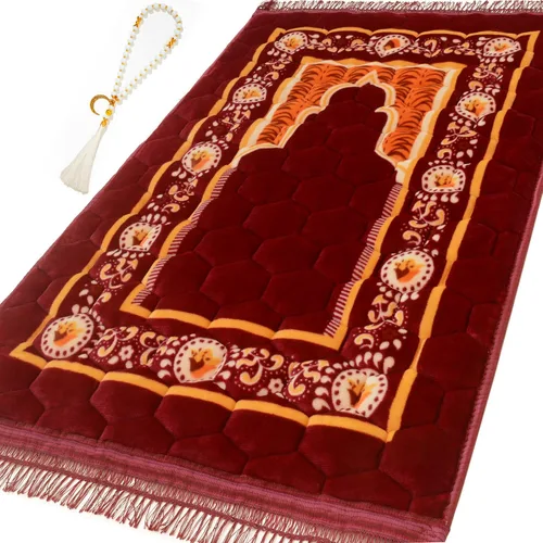Miniatura 10 de Alfombra de Oración Musulmana Mat Islámica - Alfombra de Oración Sajadah Acolchada Muy Gruesa para Hombres y Mujeres con Cuentas de Oración del Azul