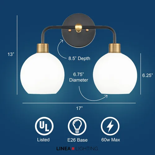 Miniatura 6 de Linea di Liara Lukasa - Moderna lámpara de tocador de baño, 2 luces sobre espejo, color negro mate y dorado, para lámparas de baño, cubiertas