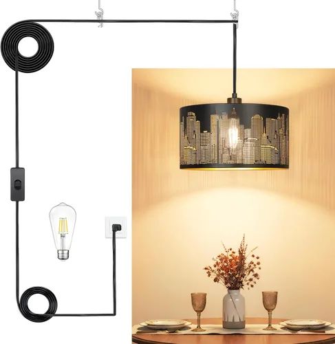 Miniatura 10 de Lámpara Colgante Enchufable de Ratán, Luces Colgantes Boho con Sombra Tejida de Papel y Tela 2 en 1, Bombilla Regulable de 3 Vías Incluida, Lámpara