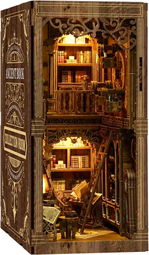 Kit de rincón de libros de biblioteca antigua, rompecabezas 3D de madera con luz LED, modelo de estantería en miniatura, decoración cultural para
