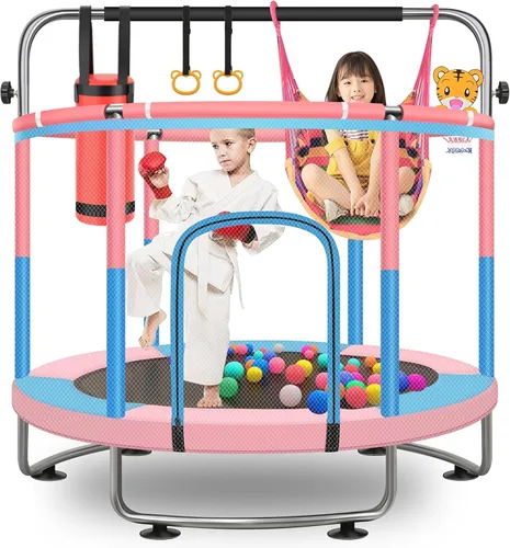 60" Toddler Trampoline for Kids, 5FT Adjustable Trampoline Indoor Outdoor with Enclosur Net, Mini Trampoline for Kids 3-10, 880lbs Capacity,