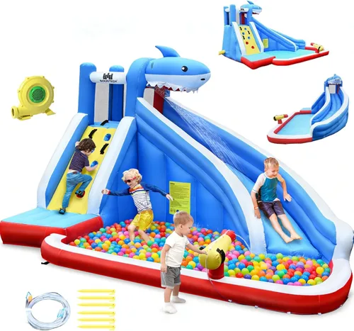 BOUNTECH - Tobogán acuático inflable, parque de toboganes acuáticos con temática de tiburón para niños y adultos, diversión al aire libre con