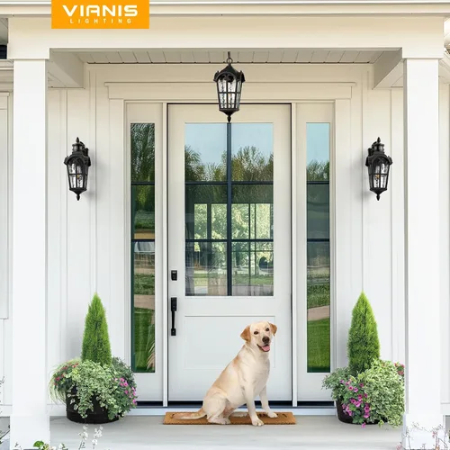 Miniatura 8 de VIANIS Lámpara colgante exterior negra con adornos dorados, luces colgantes exteriores con vidrio ondulado, candelabro exterior de aluminio