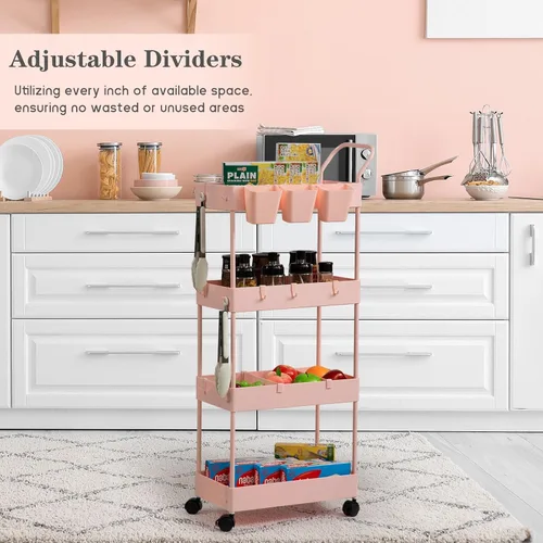 Miniatura 7 de Danpinera - Carrito de almacenamiento rosa delgado de 4 niveles, carrito de lavandería estrecho con ruedas, divisores, tazas para colgar, ganchos
