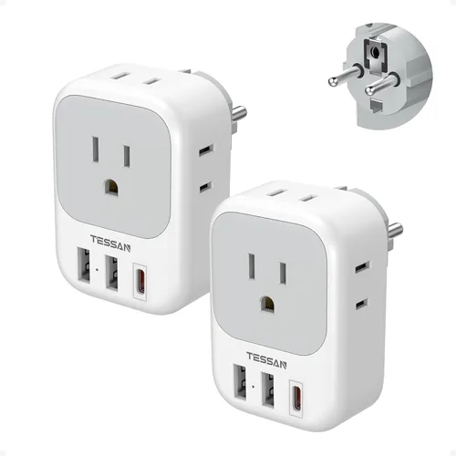 TESSAN - Paquete de 2 adaptadores de enchufe tipo E F USB C, adaptador de corriente de Alemania y Francia con 3 puertos de carga USB, enchufe de