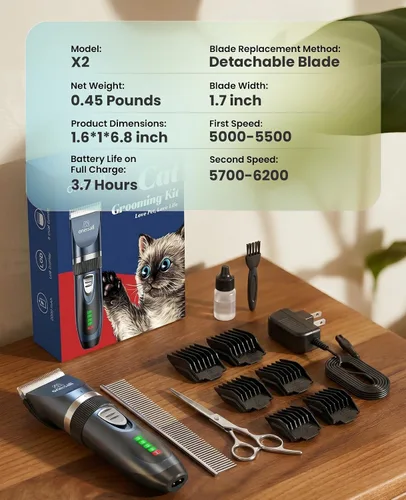 Miniatura 9 de oneisall Cortador de pelo para gatos silencioso para pelo enmarañado y largo, afeitadora de mascotas inalámbrica de 2 velocidades para gatos, perros