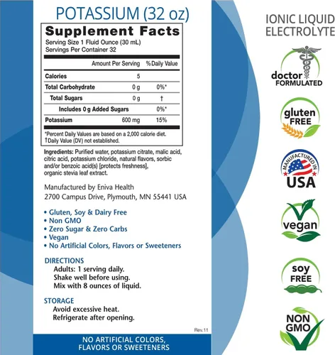 Miniatura 2 de Eniva Health - Suplemento iónico líquido de potasio para reemplazo de electrolitos y apoyo metabólico 600 mg Sin gluten, sin azúcar y apto