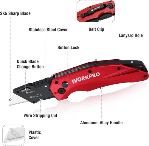 Miniatura 3 de WORKPRO Cuchillo Utilitario Plegable, Metal Resistente, Cortador de Caja de Bloqueo de Eje de Apertura Rápida, Cuchillo de Hoja de Cambio Rápido, 1