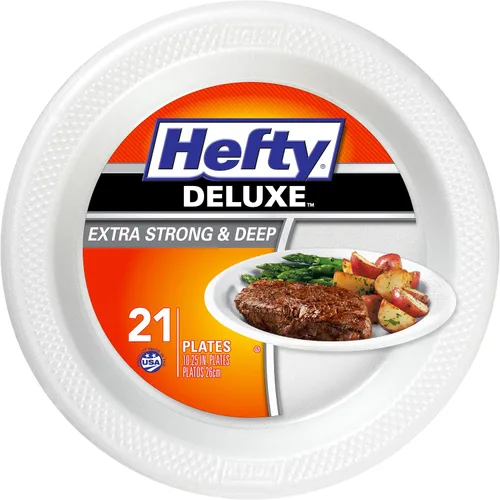 Hefty Platos de espuma extra fuertes y profundos, redondos, blancos, 10.25 pulgadas, 21 unidades