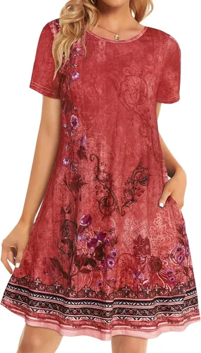 Miniatura 19 de Vestidos de verano para mujer, informales, holgados, estilo camiseta, florales, de manga corta, con vuelo y bolsillos, para la playa