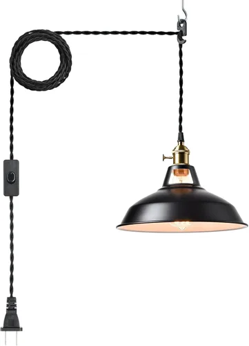 Miniatura 10 de YUBOLE Lámpara colgante nórdica con enchufe, lámpara colgante de metal para granero, lámpara colgante para cocina, dormitorio, vestíbulo, amarilla