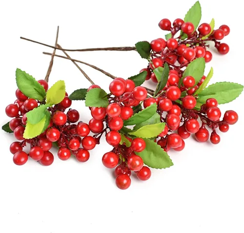 Miniatura 10 de Bayas artificiales, 4 piezas de arándanos artificiales con tallos de Navidad, frutas realistas, arándanos falsos, flores de simulación para el día