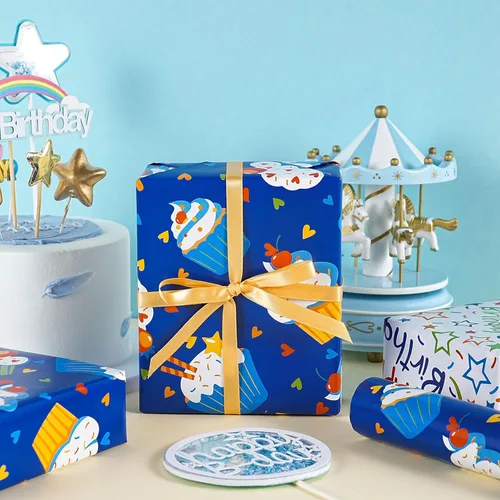 Miniatura 6 de RUSPEPA Rollo de papel de regalo reversible de cumpleaños, mini rollo, diseño de cupcake azul y texto colorido feliz con estrellas, colorido